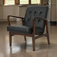 Mimi Accent Chair, Black Faux Leather, Brown Wood, Button Tufted Backrest -BM321626