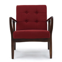 Mimi Accent Chair, Red Fabric, Button Tufted Backrest, Dark Brown Wood -BM321628