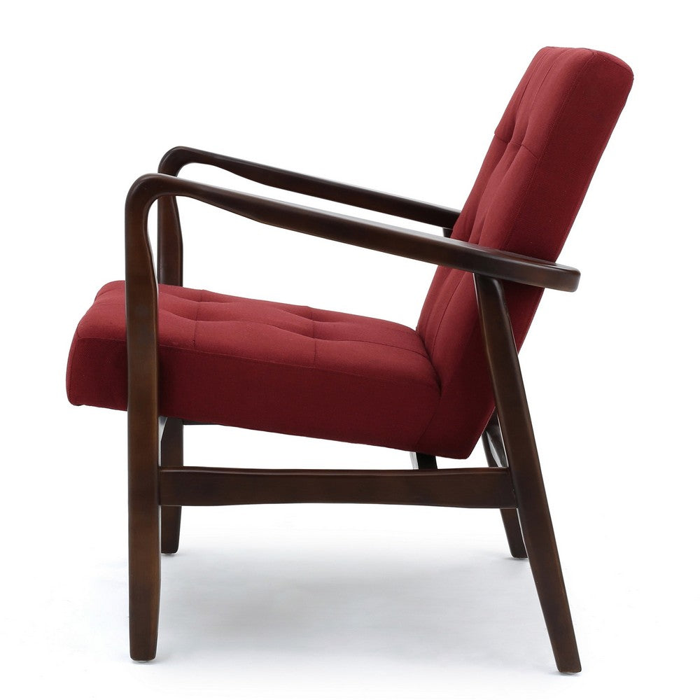 Mimi Accent Chair, Red Fabric, Button Tufted Backrest, Dark Brown Wood -BM321628