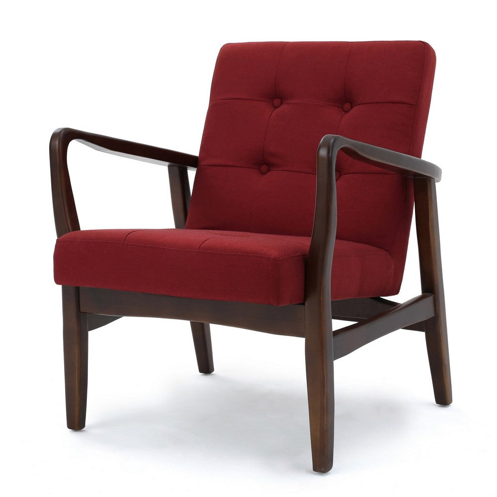 Mimi Accent Chair, Red Fabric, Button Tufted Backrest, Dark Brown Wood -BM321628