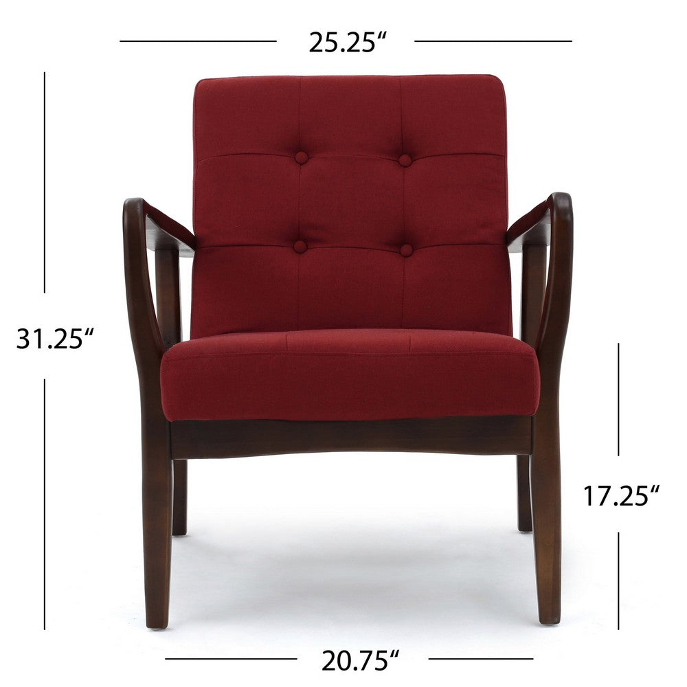 Mimi Accent Chair, Red Fabric, Button Tufted Backrest, Dark Brown Wood -BM321628