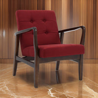 Mimi Accent Chair, Red Fabric, Button Tufted Backrest, Dark Brown Wood -BM321628