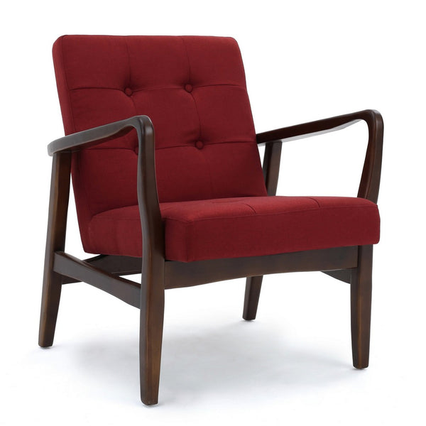Mimi Accent Chair, Red Fabric, Button Tufted Backrest, Dark Brown Wood -BM321628