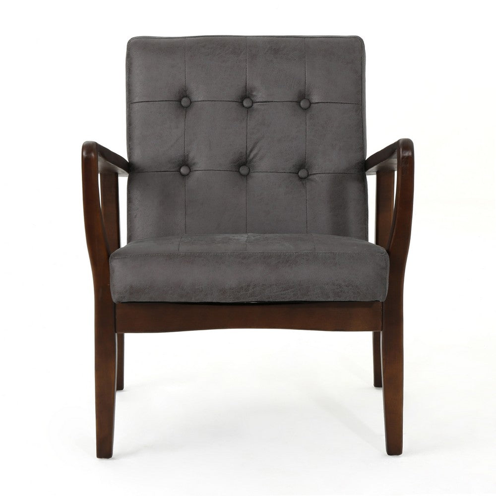 Mimi Accent Chair, Gray Microfiber Button Tufted Backrest, Light Brown Wood -BM321629