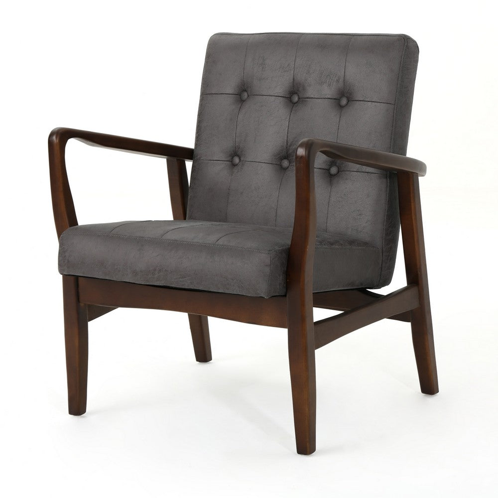 Mimi Accent Chair, Gray Microfiber Button Tufted Backrest, Light Brown Wood -BM321629