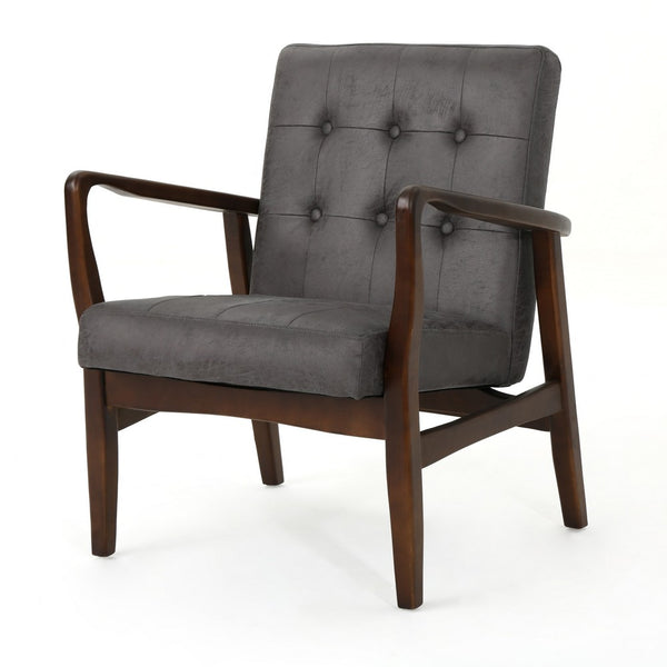 Mimi Accent Chair, Gray Microfiber Button Tufted Backrest, Light Brown Wood -BM321629
