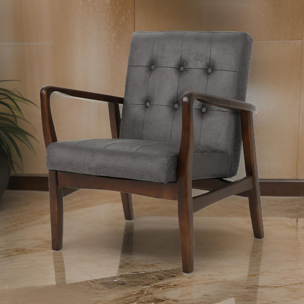 Mimi Accent Chair, Gray Microfiber Button Tufted Backrest, Light Brown Wood -BM321629
