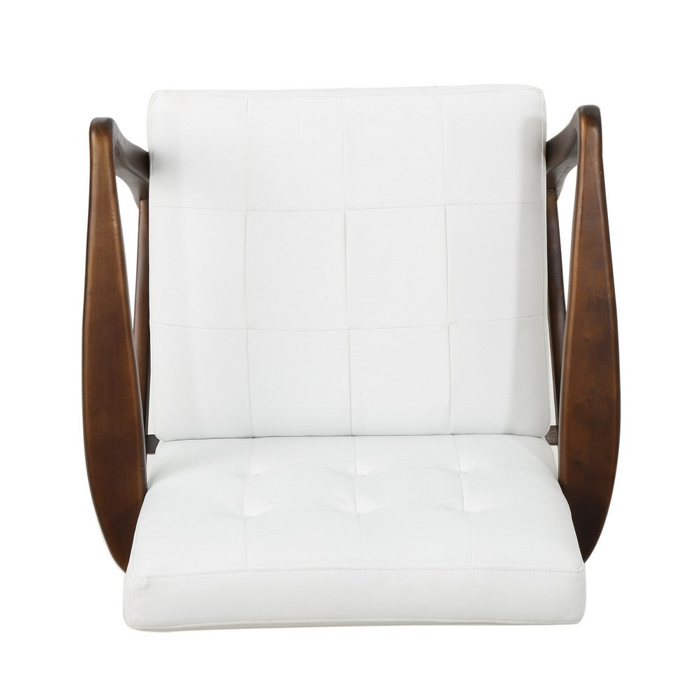 Mimi Accent Chair, Button Tufted White Faux Leather Back, Dark Brown Wood -BM321630