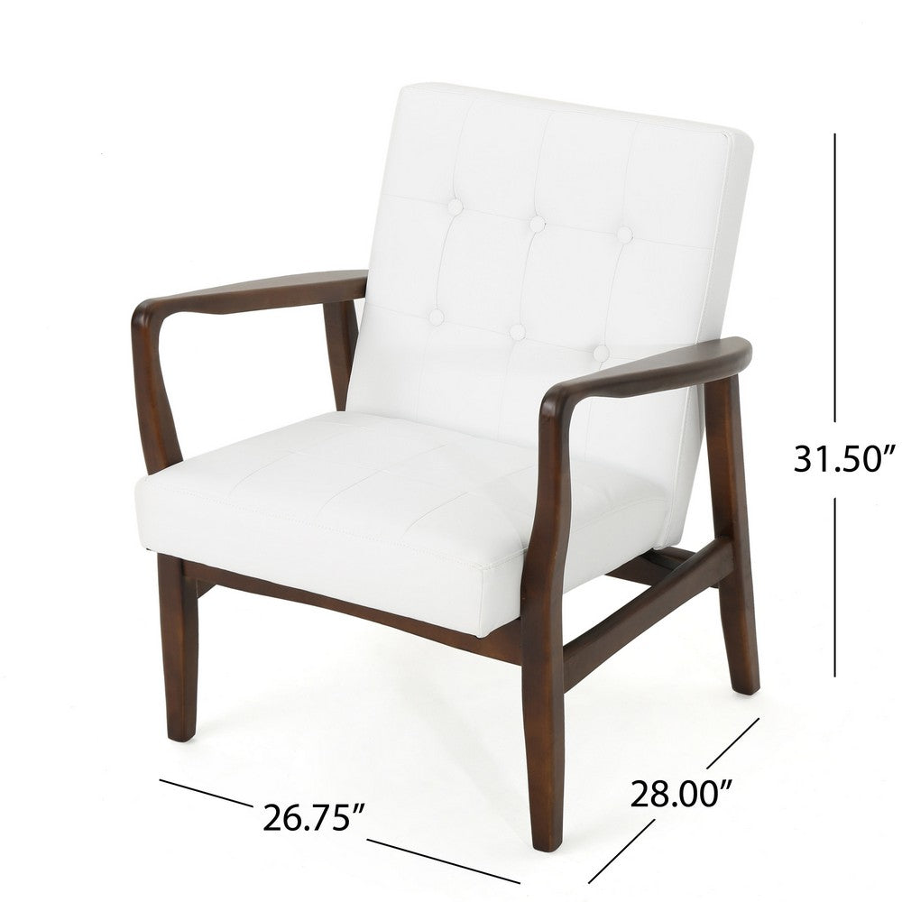 Mimi Accent Chair, Button Tufted White Faux Leather Back, Dark Brown Wood -BM321630