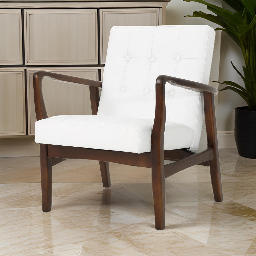 Mimi Accent Chair, Button Tufted White Faux Leather Back, Dark Brown Wood -BM321630