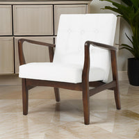 Mimi Accent Chair, Button Tufted White Faux Leather Back, Dark Brown Wood -BM321630