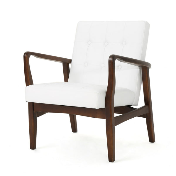 Mimi Accent Chair, Button Tufted White Faux Leather Back, Dark Brown Wood -BM321630