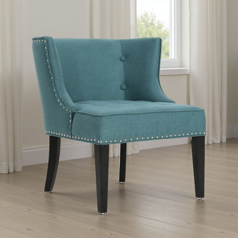 Samuel Accent Chair, Button Tufted Waffle Stitch Teal Fabric, Brown Wood -BM321633