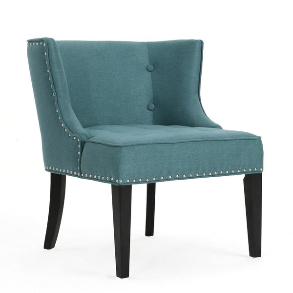 Samuel Accent Chair, Button Tufted Waffle Stitch Teal Fabric, Brown Wood
