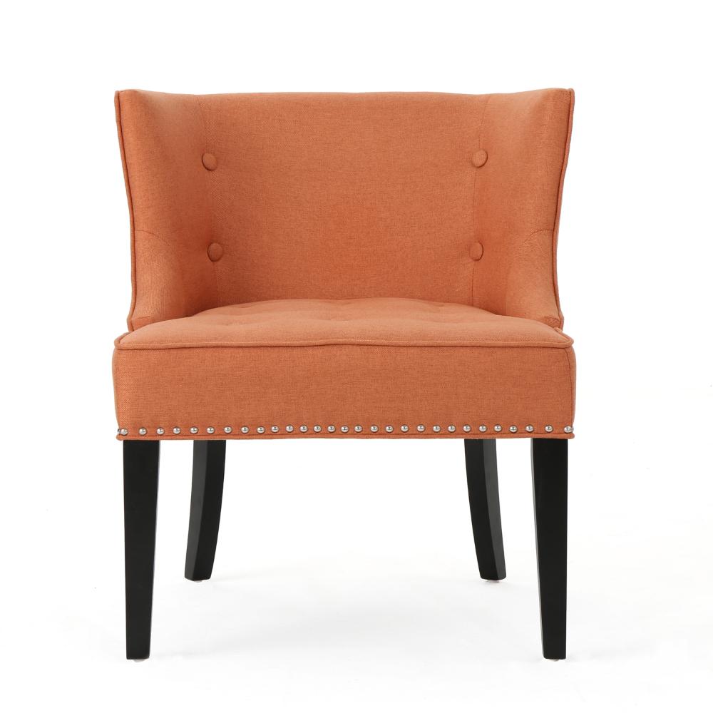 Samuel Accent Chair, Button Tufted Waffle Stitch Orange Fabric, Brown Wood -BM321634