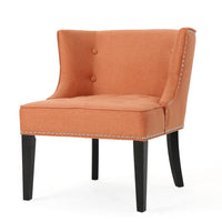 Samuel Accent Chair, Button Tufted Waffle Stitch Orange Fabric, Brown Wood