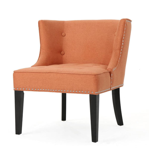 Samuel Accent Chair, Button Tufted Waffle Stitch Orange Fabric, Brown Wood
