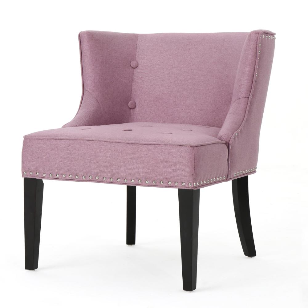 Samuel Accent Chair, Button Tufted Waffle Stitch Lavender Pink, Brown Wood