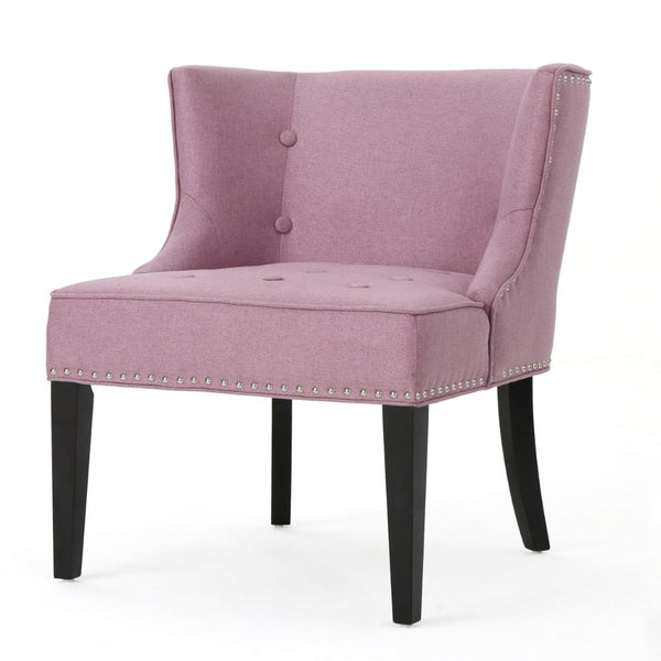 Samuel Accent Chair, Button Tufted Waffle Stitch Lavender Pink, Brown Wood