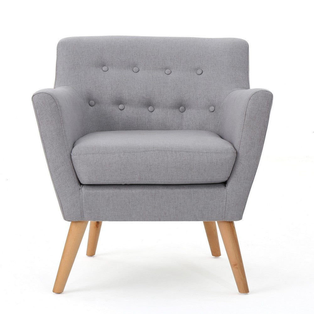 Ronny Accent Chair, Gray Fabric, Button Tufted Backrest, Light Brown Wood -BM321636