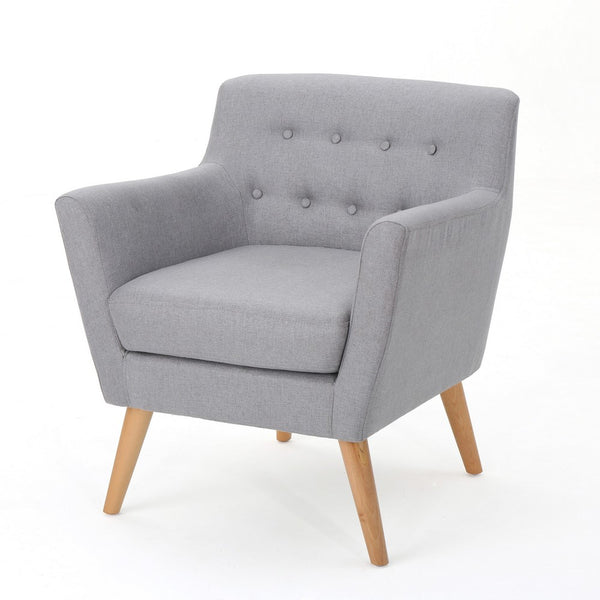 Ronny Accent Chair, Gray Fabric, Button Tufted Backrest, Light Brown Wood -BM321636