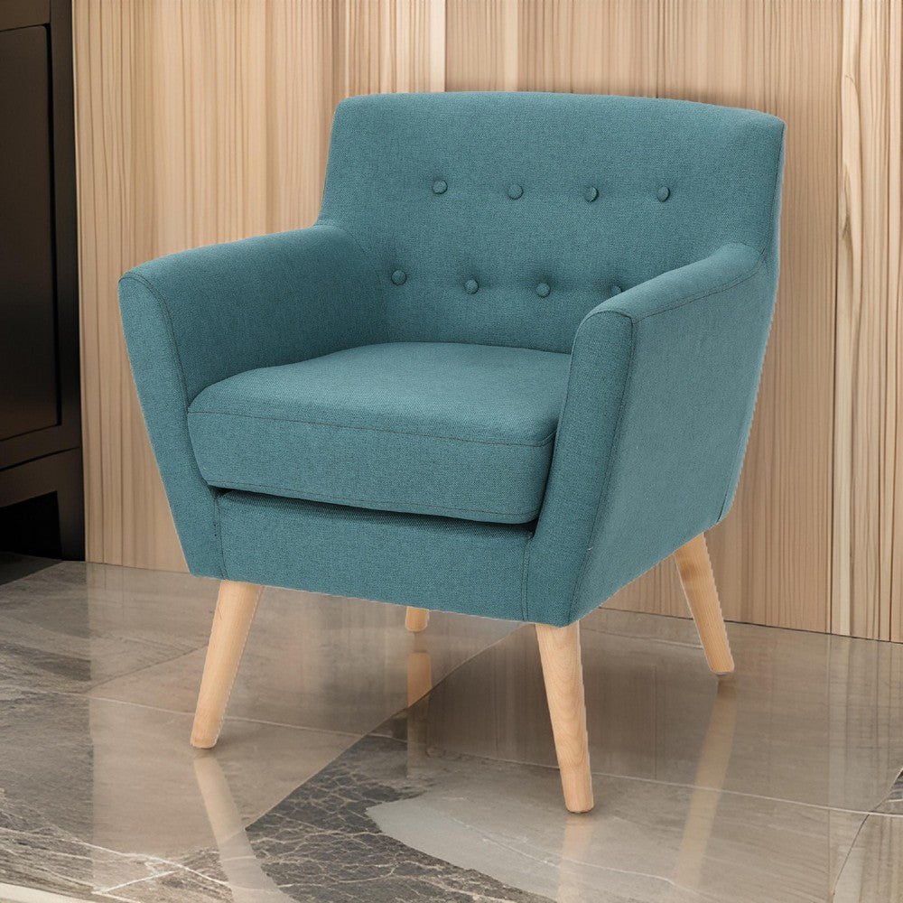 Ronny Accent Chair, Teal Fabric, Button Tufted Backrest, Light Brown Wood -BM321637