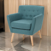 Ronny Accent Chair, Teal Fabric, Button Tufted Backrest, Light Brown Wood -BM321637