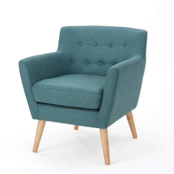 Ronny Accent Chair, Teal Fabric, Button Tufted Backrest, Light Brown Wood -BM321637
