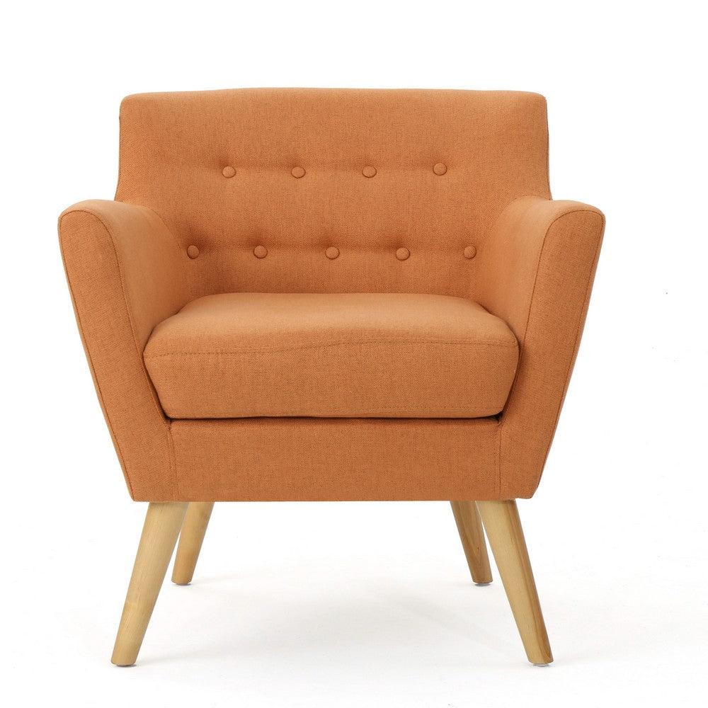 Ronny Accent Chair, Orange Fabric, Button Tufted Backrest, Light Brown Wood -BM321638