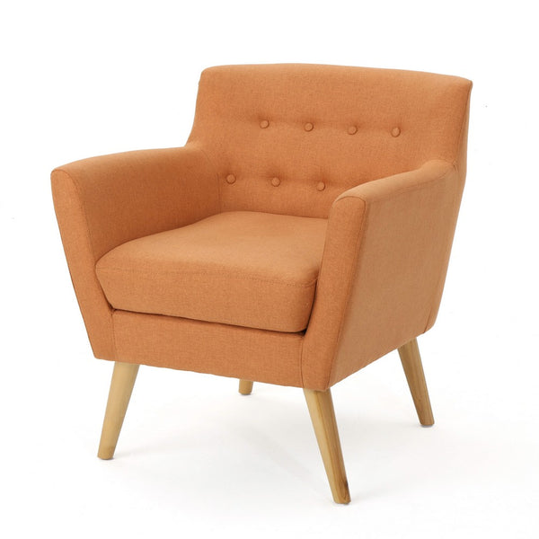 Ronny Accent Chair, Orange Fabric, Button Tufted Backrest, Light Brown Wood -BM321638