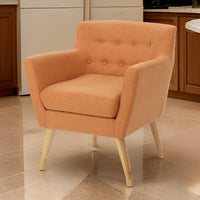 Ronny Accent Chair, Orange Fabric, Button Tufted Backrest, Light Brown Wood -BM321638