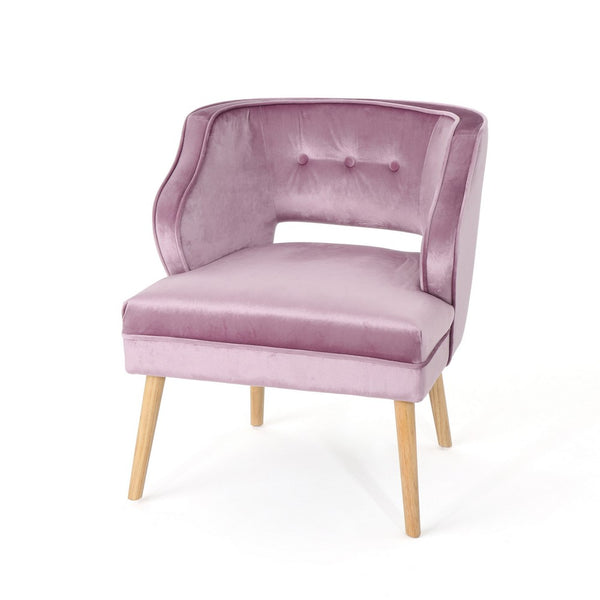 Richi Accent Chair,  Button Tufted Lavender Pink Velvet, Light Brown Wood -BM321640