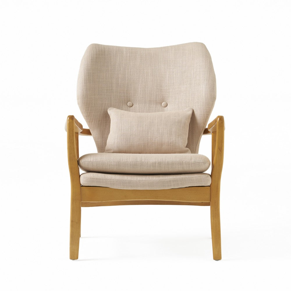 Keya Accent Chair, 1 Pillow, Beige, Button Tufted Back, Light Brown Wood -BM321647