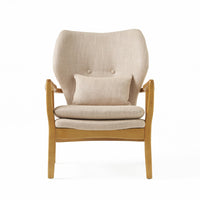 Keya Accent Chair, 1 Pillow, Beige, Button Tufted Back, Light Brown Wood -BM321647