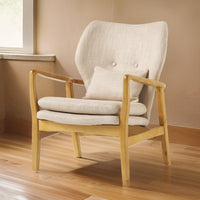 Keya Accent Chair, 1 Pillow, Beige, Button Tufted Back, Light Brown Wood -BM321647
