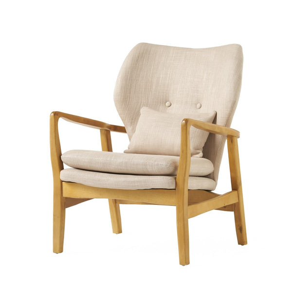 Keya Accent Chair, 1 Pillow, Beige, Button Tufted Back, Light Brown Wood -BM321647