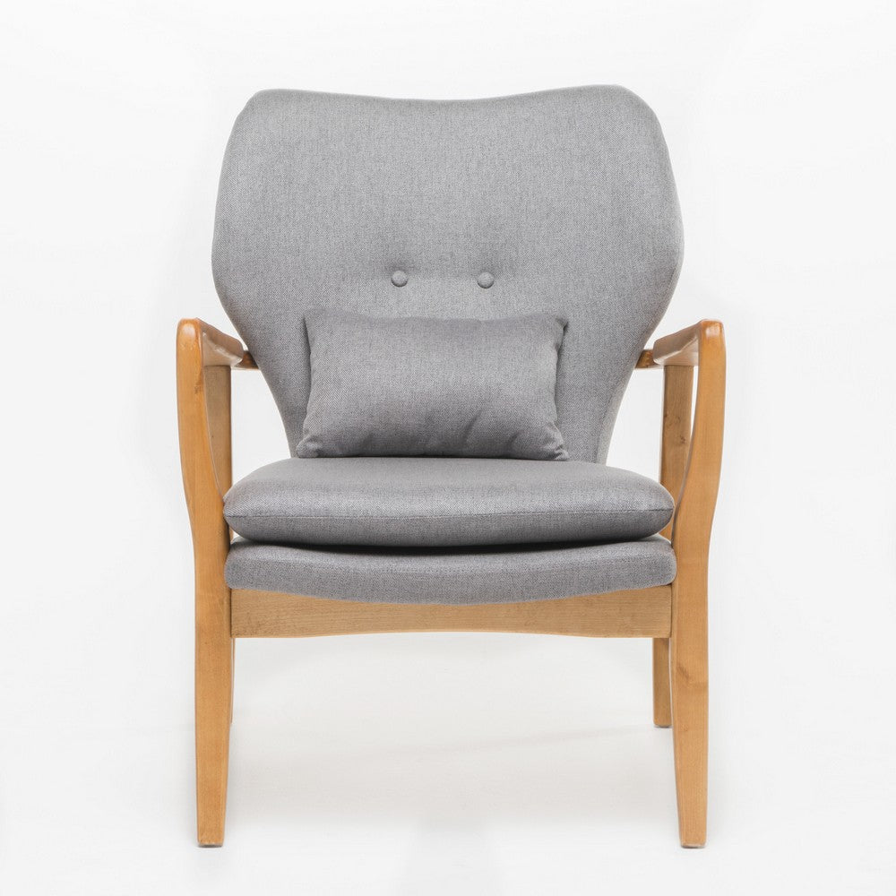 Keya Accent Chair, 1 Pillow, Gray, Button Tufted Back, Light Brown Wood -BM321648