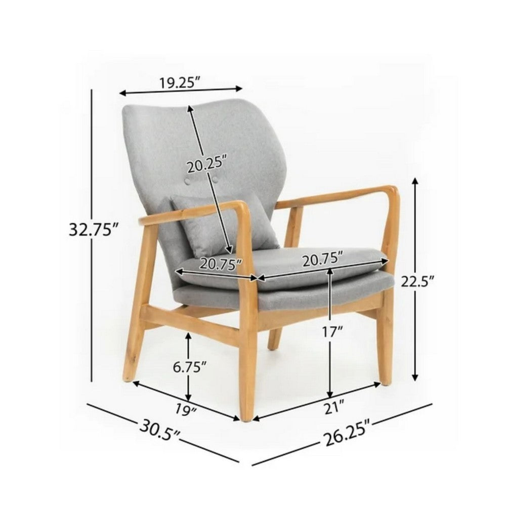 Keya Accent Chair, 1 Pillow, Gray, Button Tufted Back, Light Brown Wood -BM321648