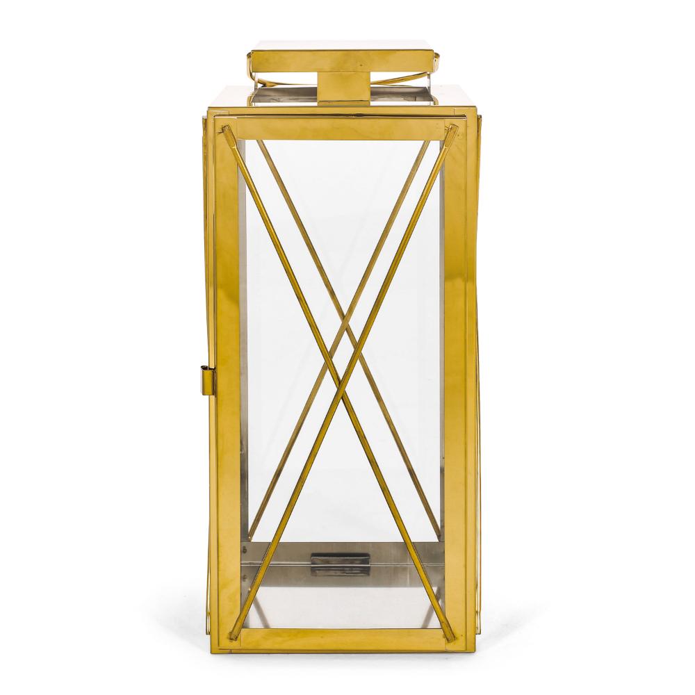 Eddie 14 Inch Lantern, Gold Stainless Steel, X Frame Design, Wire Handle -BM321663