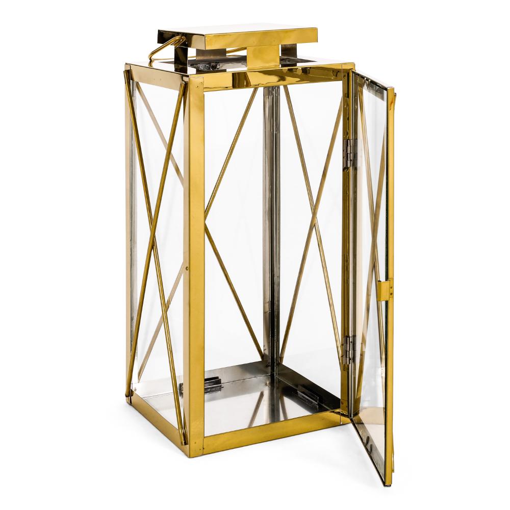 Eddie 14 Inch Lantern, Gold Stainless Steel, X Frame Design, Wire Handle -BM321663