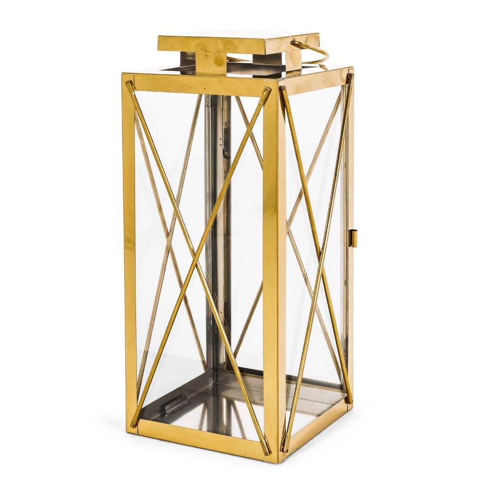 Eddie 14 Inch Lantern, Gold Stainless Steel, X Frame Design, Wire Handle -BM321663
