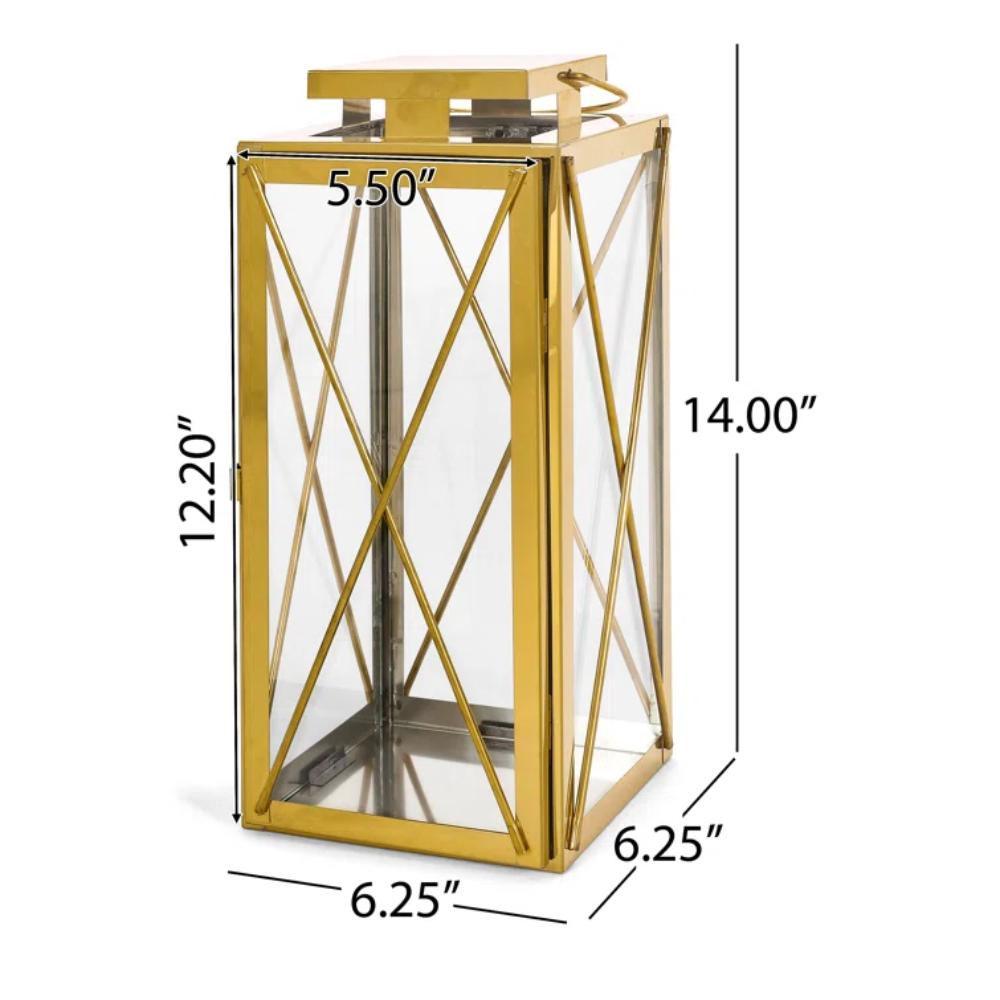 Eddie 14 Inch Lantern, Gold Stainless Steel, X Frame Design, Wire Handle -BM321663