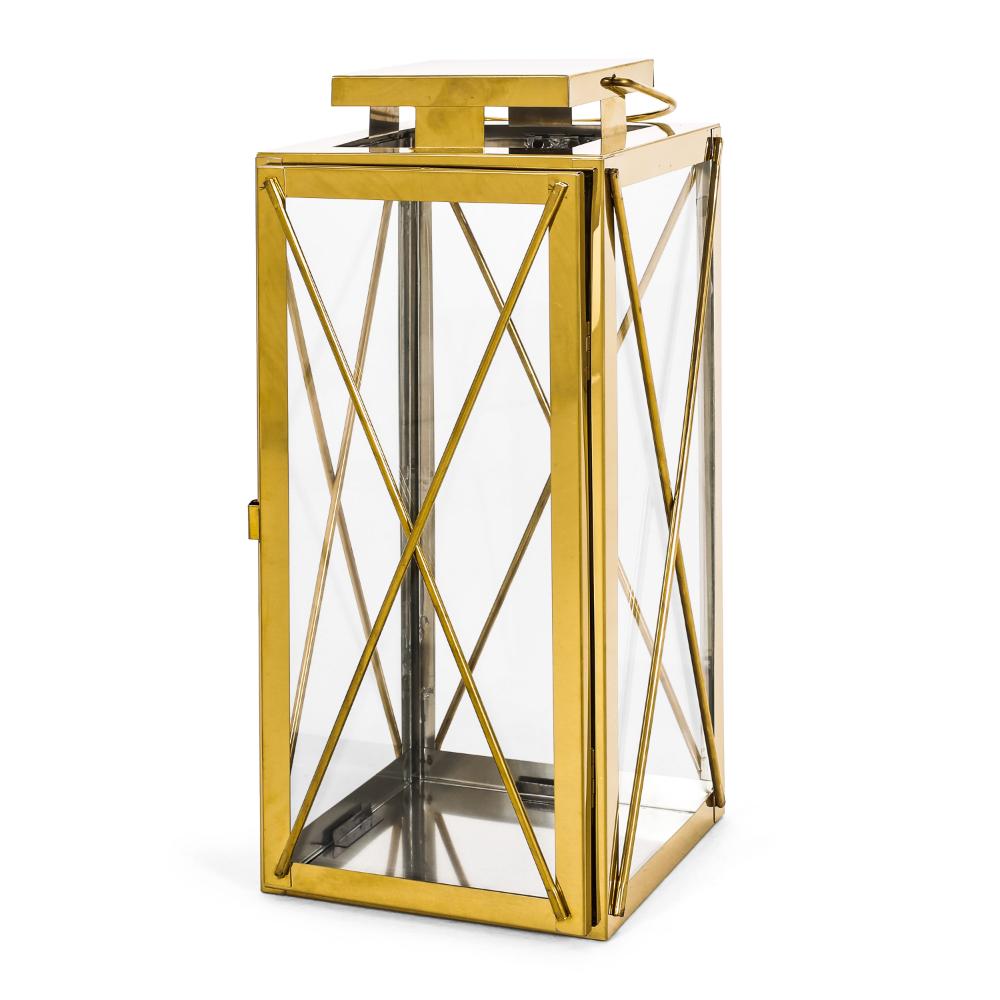 Eddie 14 Inch Lantern, Gold Stainless Steel, X Frame Design, Wire Handle