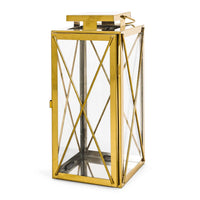 Eddie 14 Inch Lantern, Gold Stainless Steel, X Frame Design, Wire Handle