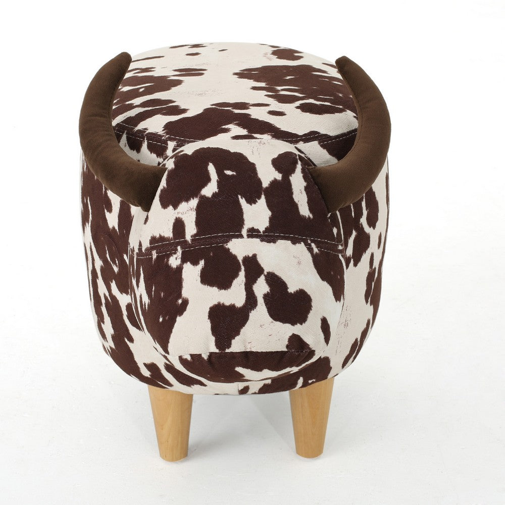 Massy Cow Kids Ottoman 25 Inches, Brown, White Velvet, Light Brown Horn -BM321678