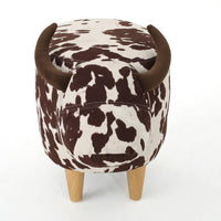 Massy Cow Kids Ottoman 25 Inches, Brown, White Velvet, Light Brown Horn -BM321678