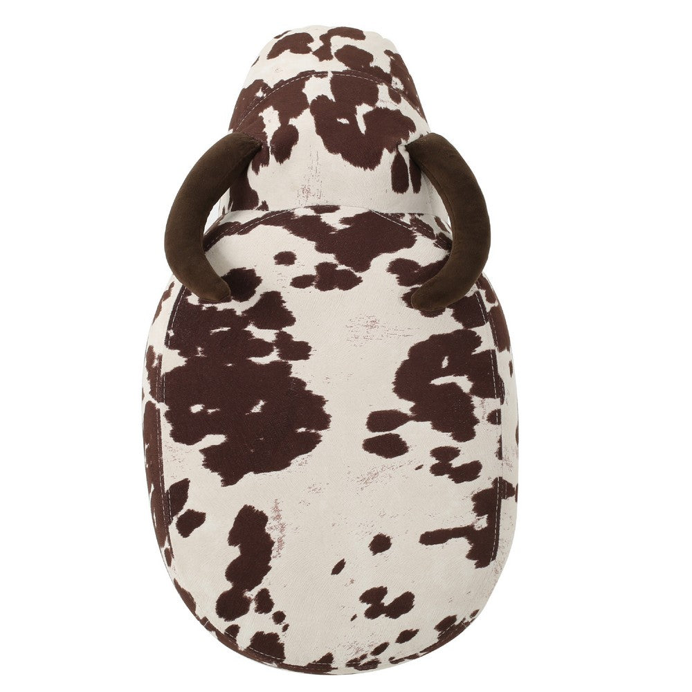 Massy Cow Kids Ottoman 25 Inches, Brown, White Velvet, Light Brown Horn -BM321678