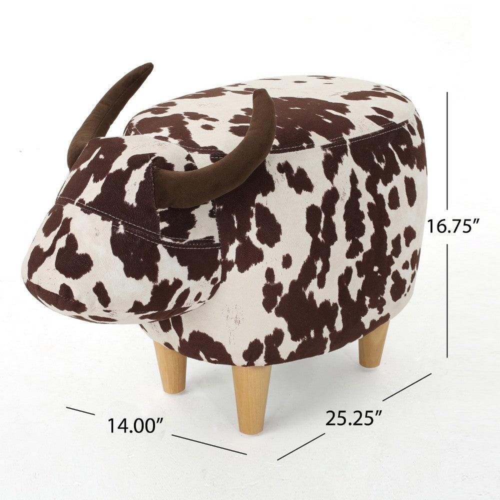 Massy Cow Kids Ottoman 25 Inches, Brown, White Velvet, Light Brown Horn -BM321678