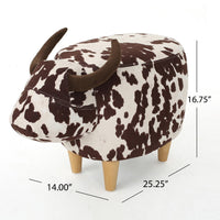 Massy Cow Kids Ottoman 25 Inches, Brown, White Velvet, Light Brown Horn -BM321678