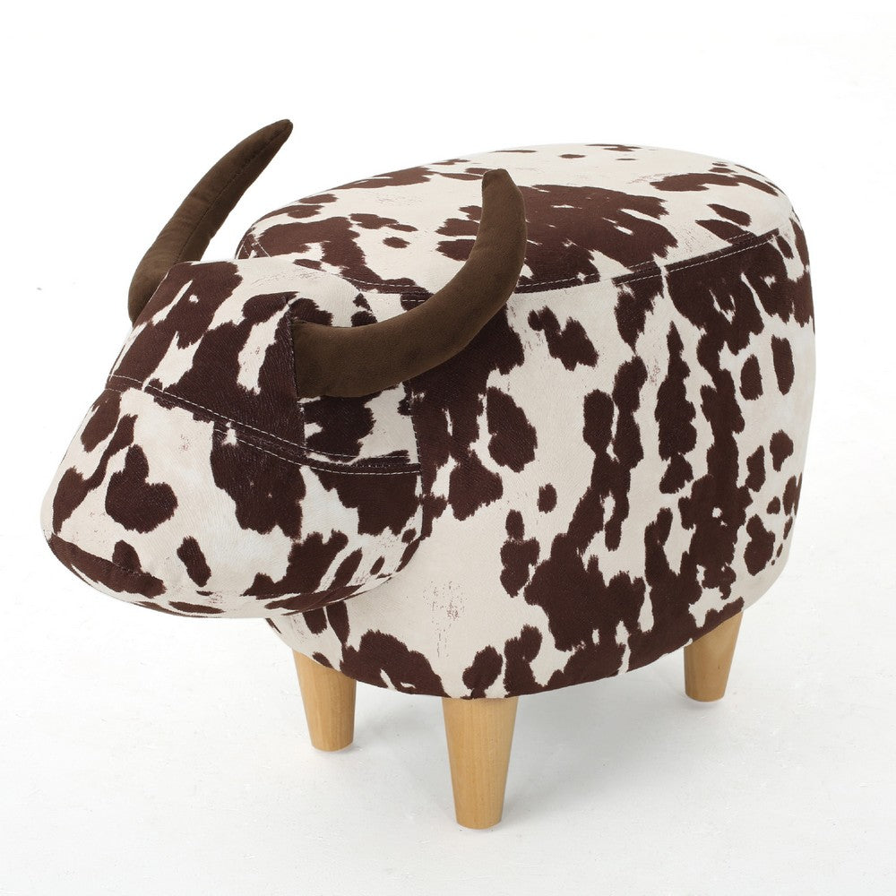 Massy Cow Kids Ottoman 25 Inches, Brown, White Velvet, Light Brown Horn -BM321678